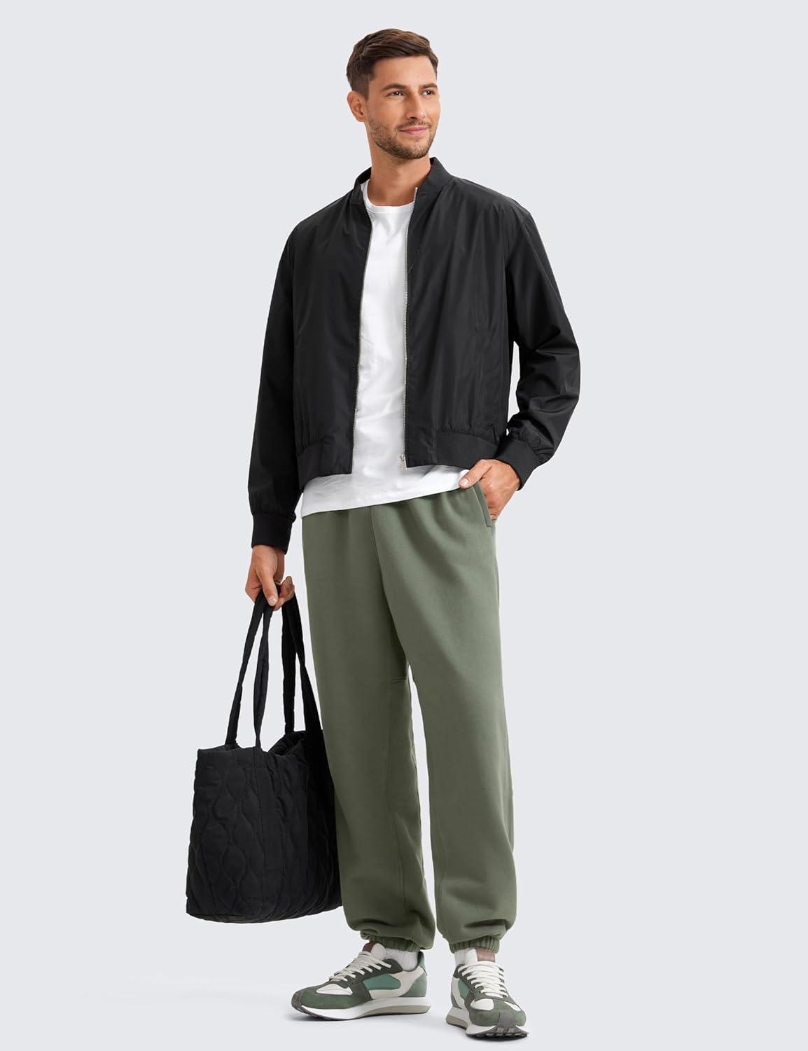 imageCRZ YOGA Cotton Fleece Lined Relaxed Sweatpants for Men 32quot Loose Lounge Casual Bottom Sweat Pants with Zipper PocketLight Army Green