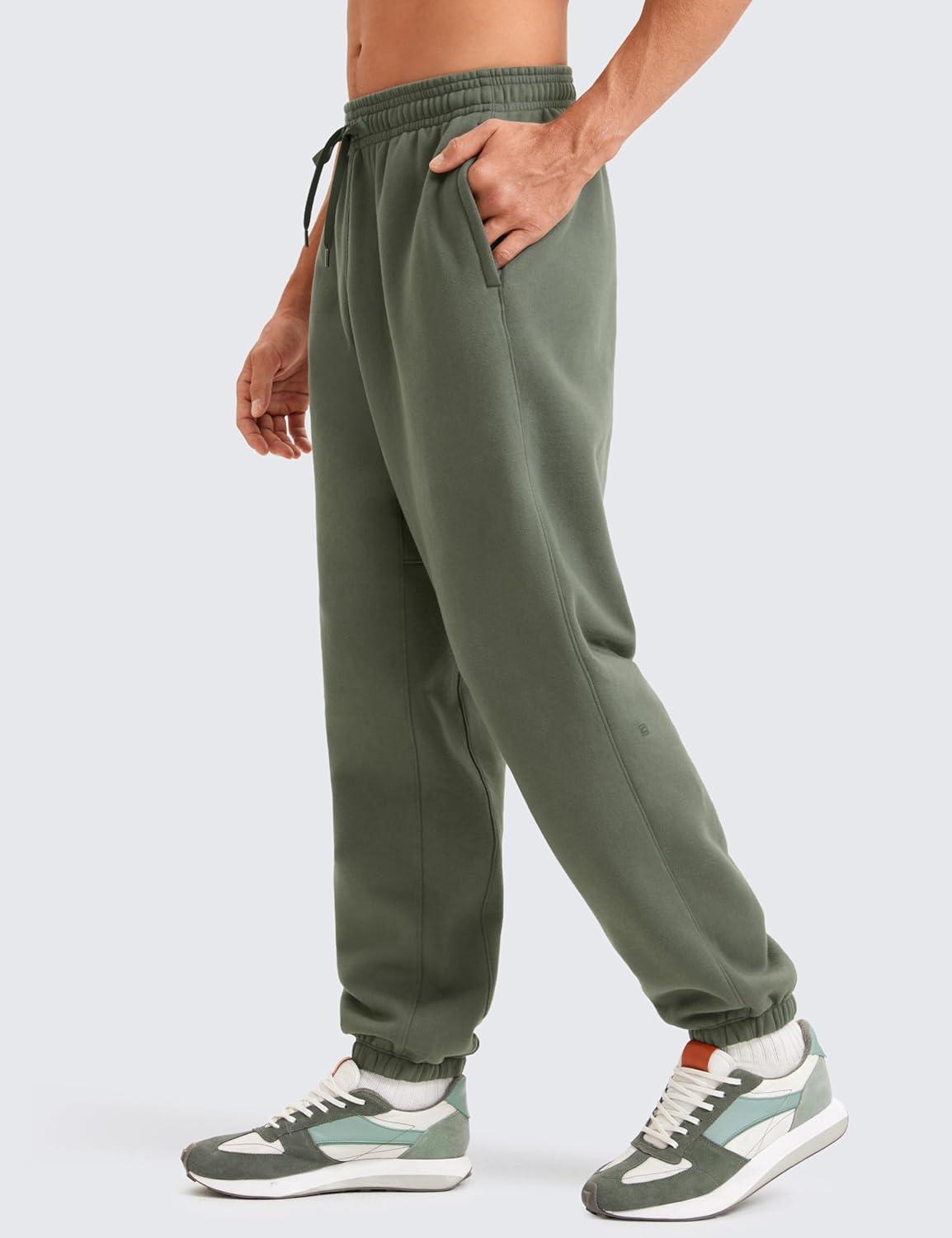 imageCRZ YOGA Cotton Fleece Lined Relaxed Sweatpants for Men 32quot Loose Lounge Casual Bottom Sweat Pants with Zipper PocketLight Army Green