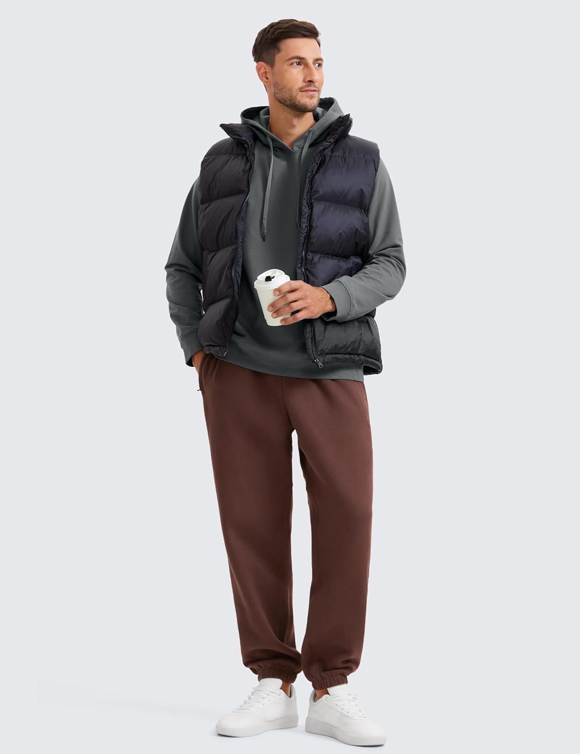 imageCRZ YOGA Cotton Fleece Lined Relaxed Sweatpants for Men 32quot Loose Lounge Casual Bottom Sweat Pants with Zipper PocketTaupe