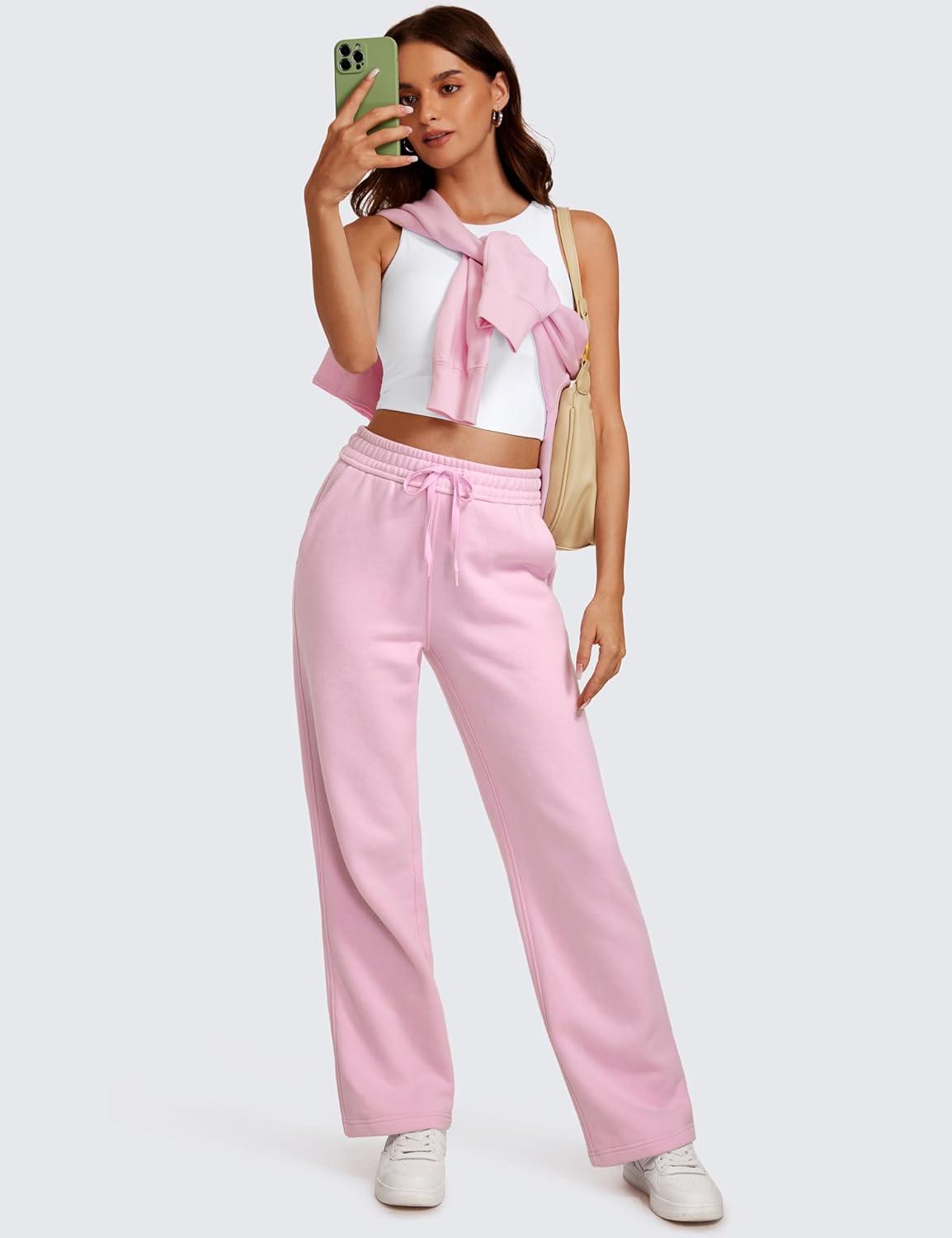 imageCRZ YOGA Cotton Fleece Lined Sweatpants Women 28quot30quot32quot Straight Leg Casual Lounge Pants with Pockets Winter WarmPink Peony