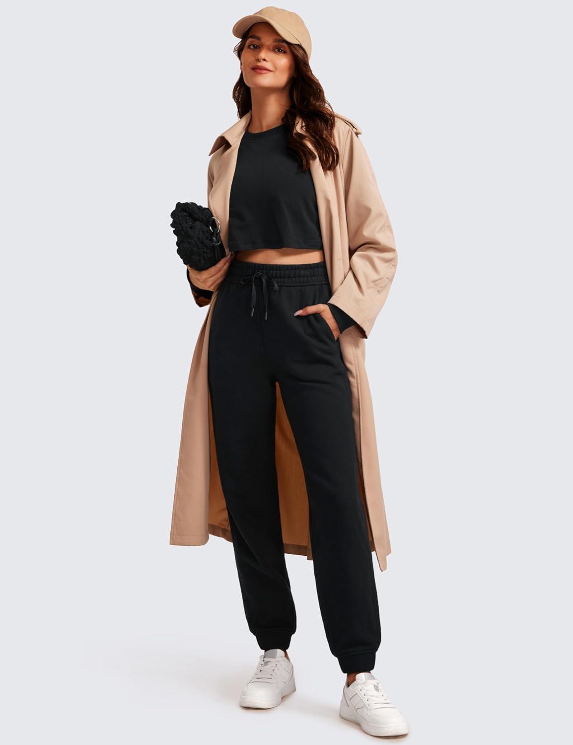 imageCRZ YOGA Cotton Fleece Lined Sweatpants Women High Waisted Warm Casual Lounge Jogger Pants with PocketsBlack