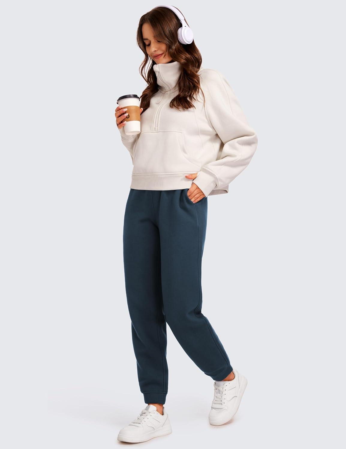 imageCRZ YOGA Cotton Fleece Lined Sweatpants Women High Waisted Warm Casual Lounge Jogger Pants with PocketsInk Blue