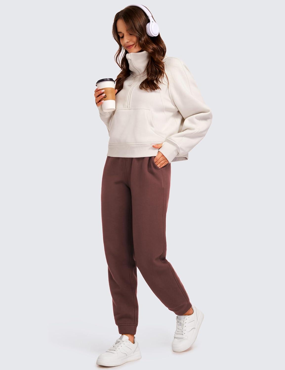 imageCRZ YOGA Cotton Fleece Lined Sweatpants Women High Waisted Warm Casual Lounge Jogger Pants with PocketsTaupe