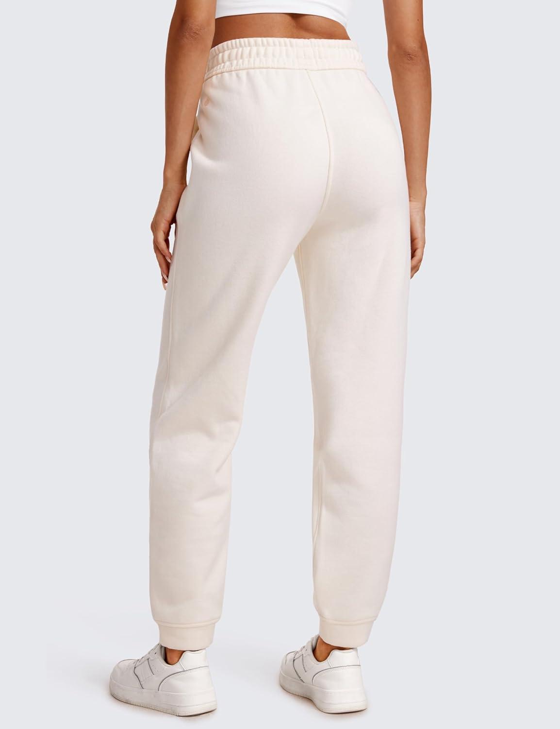 imageCRZ YOGA Cotton Fleece Lined Sweatpants Women High Waisted Warm Casual Lounge Jogger Pants with PocketsWhite Apricot