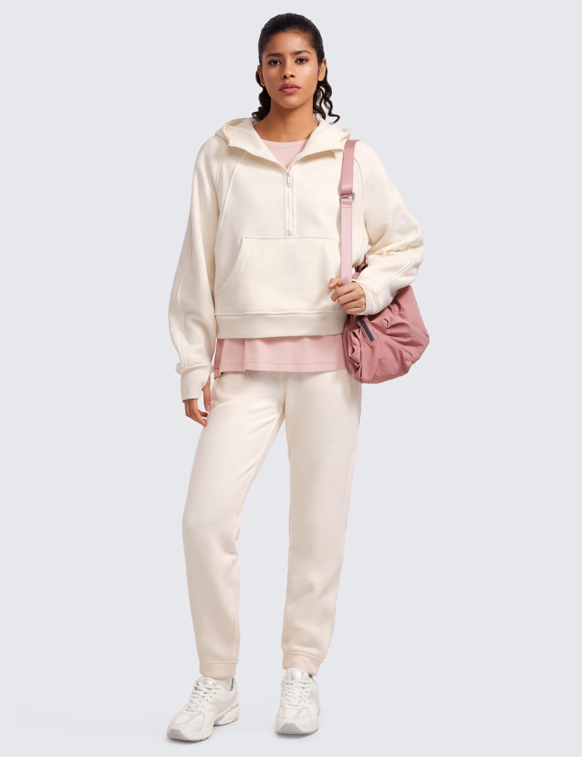 imageCRZ YOGA Cotton Fleece Lined Sweatpants Women High Waisted Warm Casual Lounge Jogger Pants with PocketsWhite Apricot