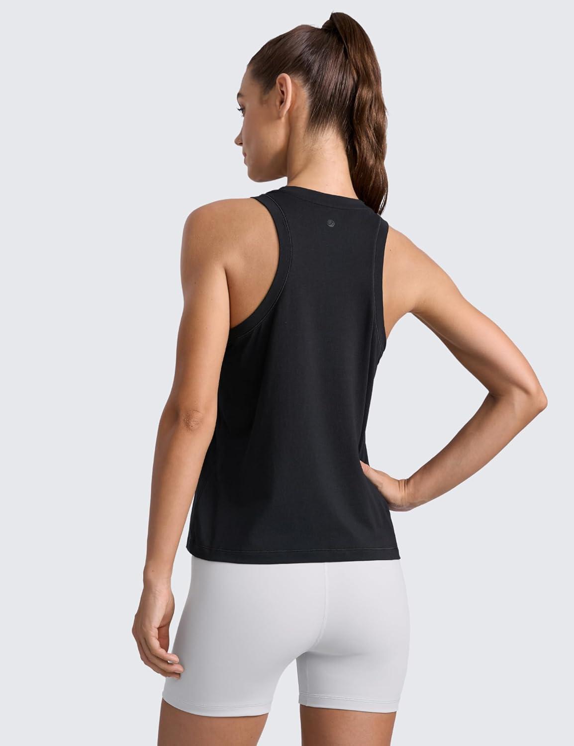 imageCRZ YOGA CottonBlend Workout Racerback Tank for Women Athletic High Neck Breathable Tops Casual Basic Sleeveless ShirtsBlack