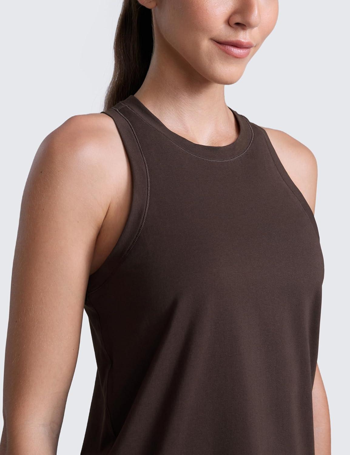 imageCRZ YOGA CottonBlend Workout Racerback Tank for Women Athletic High Neck Breathable Tops Casual Basic Sleeveless ShirtsHot Fudge Brown