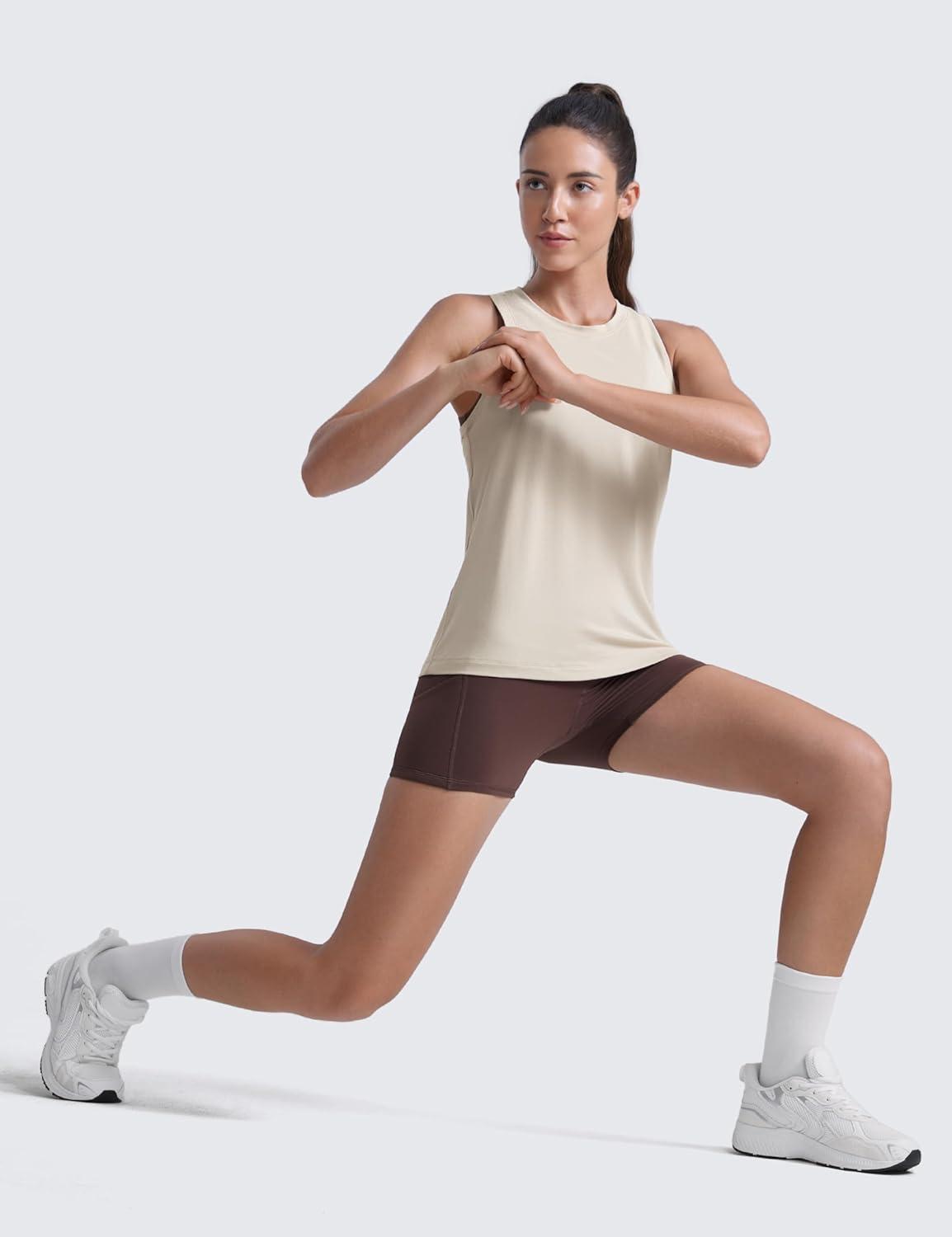 imageCRZ YOGA CottonBlend Workout Racerback Tank for Women Athletic High Neck Breathable Tops Casual Basic Sleeveless ShirtsMojave Tan