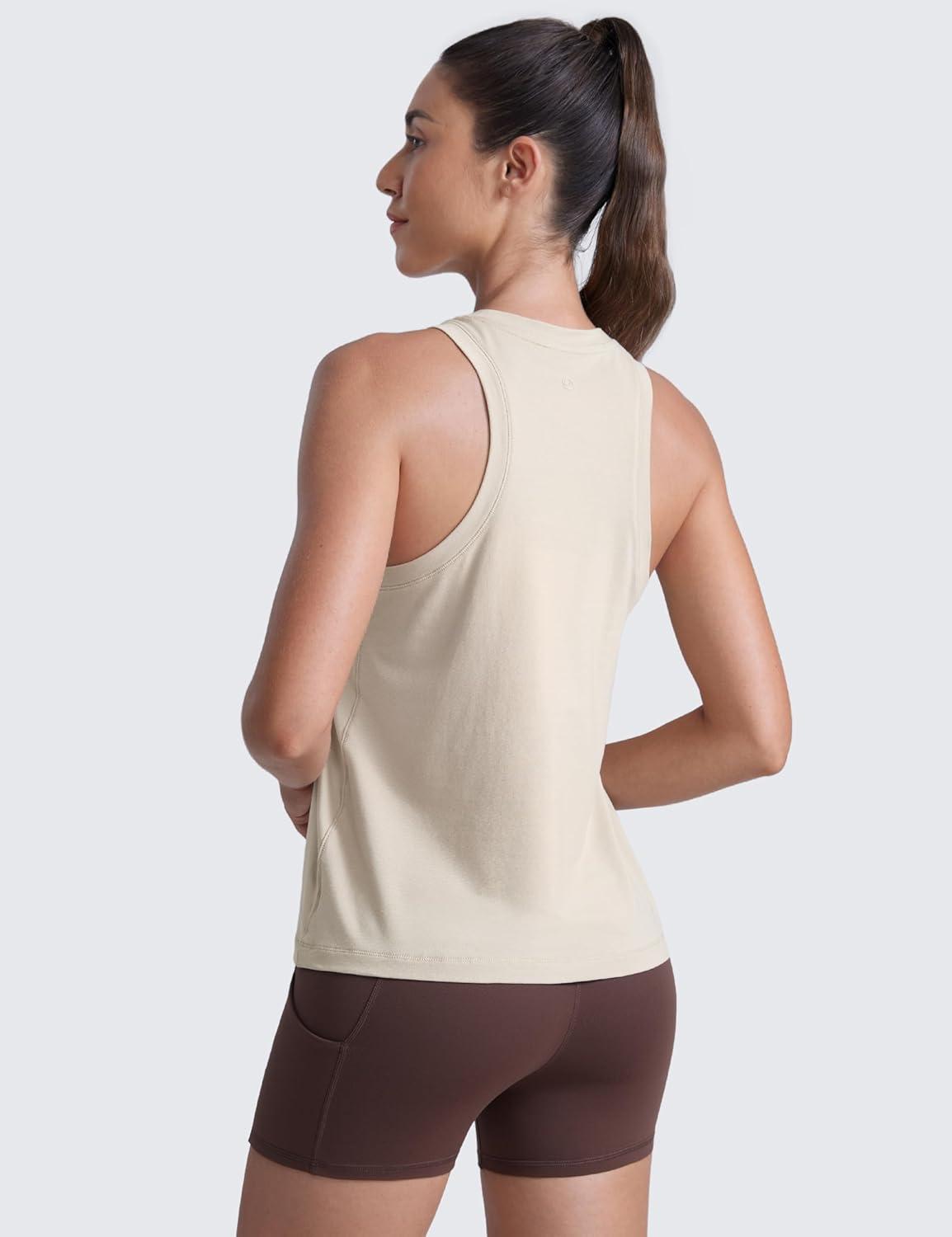 imageCRZ YOGA CottonBlend Workout Racerback Tank for Women Athletic High Neck Breathable Tops Casual Basic Sleeveless ShirtsMojave Tan