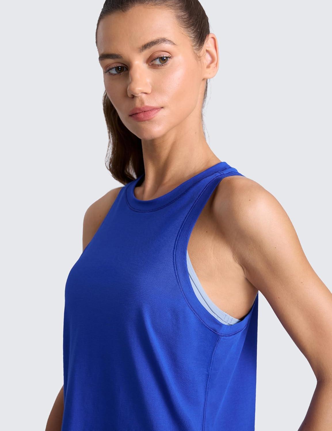 imageCRZ YOGA CottonBlend Workout Racerback Tank for Women Athletic High Neck Breathable Tops Casual Basic Sleeveless ShirtsWaves Blue