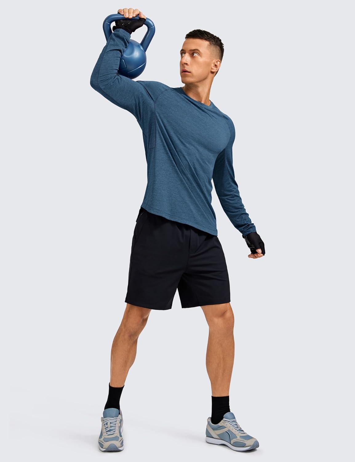 imageCRZ YOGA Crewneck Workout Long Sleeve Shirts for Men Quick Dry Running Athletic TShirts Lightweight Basic TopsOcean Blue Heather