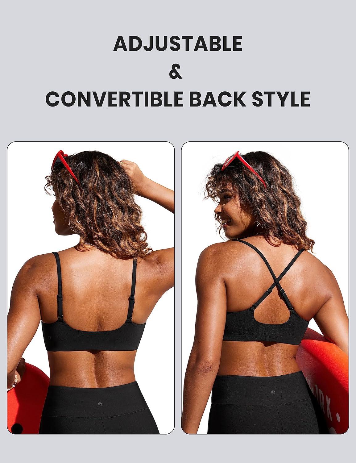 imageCRZ YOGA DDD Scoop Neck Bikini Tops for Women Padded Adjustable Spaghetti Straps Bathing Swimsuit Sports BraBlack