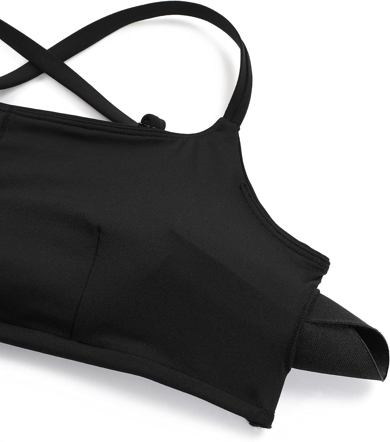 imageCRZ YOGA DDD Scoop Neck Bikini Tops for Women Padded Adjustable Spaghetti Straps Bathing Swimsuit Sports BraBlack