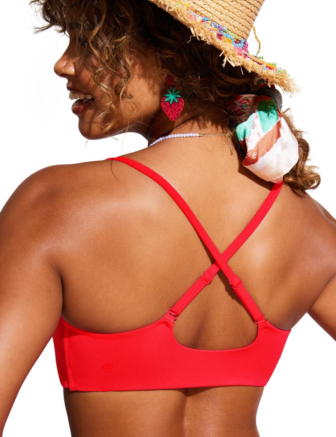 imageCRZ YOGA DDD Scoop Neck Bikini Tops for Women Padded Adjustable Spaghetti Straps Bathing Swimsuit Sports BraDeep Red