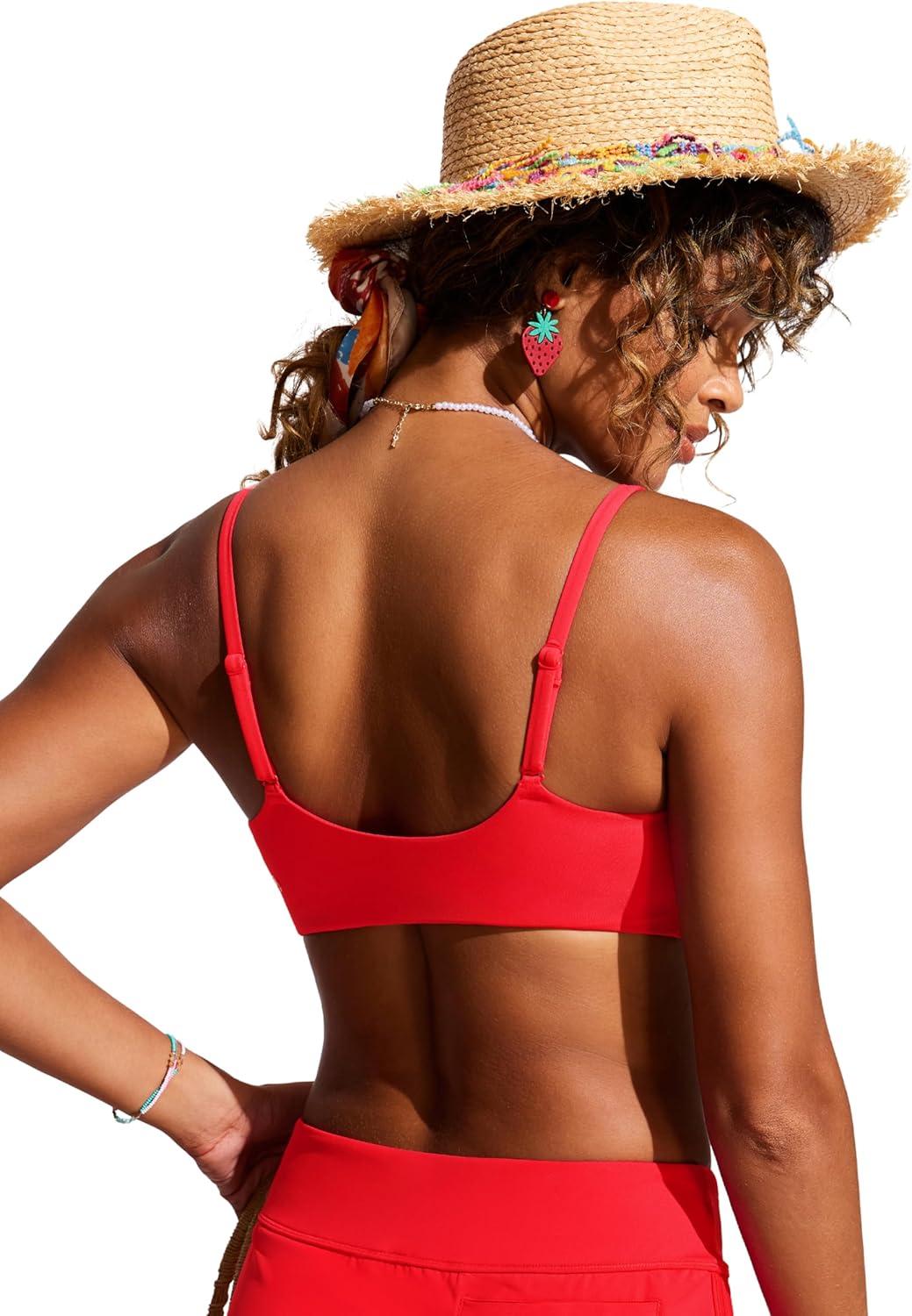 imageCRZ YOGA DDD Scoop Neck Bikini Tops for Women Padded Adjustable Spaghetti Straps Bathing Swimsuit Sports BraDeep Red