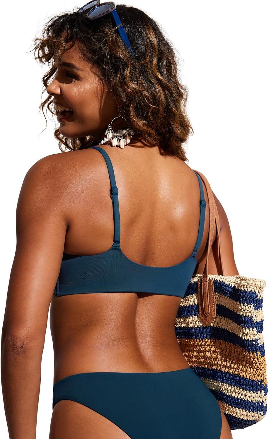 imageCRZ YOGA DDD Scoop Neck Bikini Tops for Women Padded Adjustable Spaghetti Straps Bathing Swimsuit Sports BraInsignia Blue