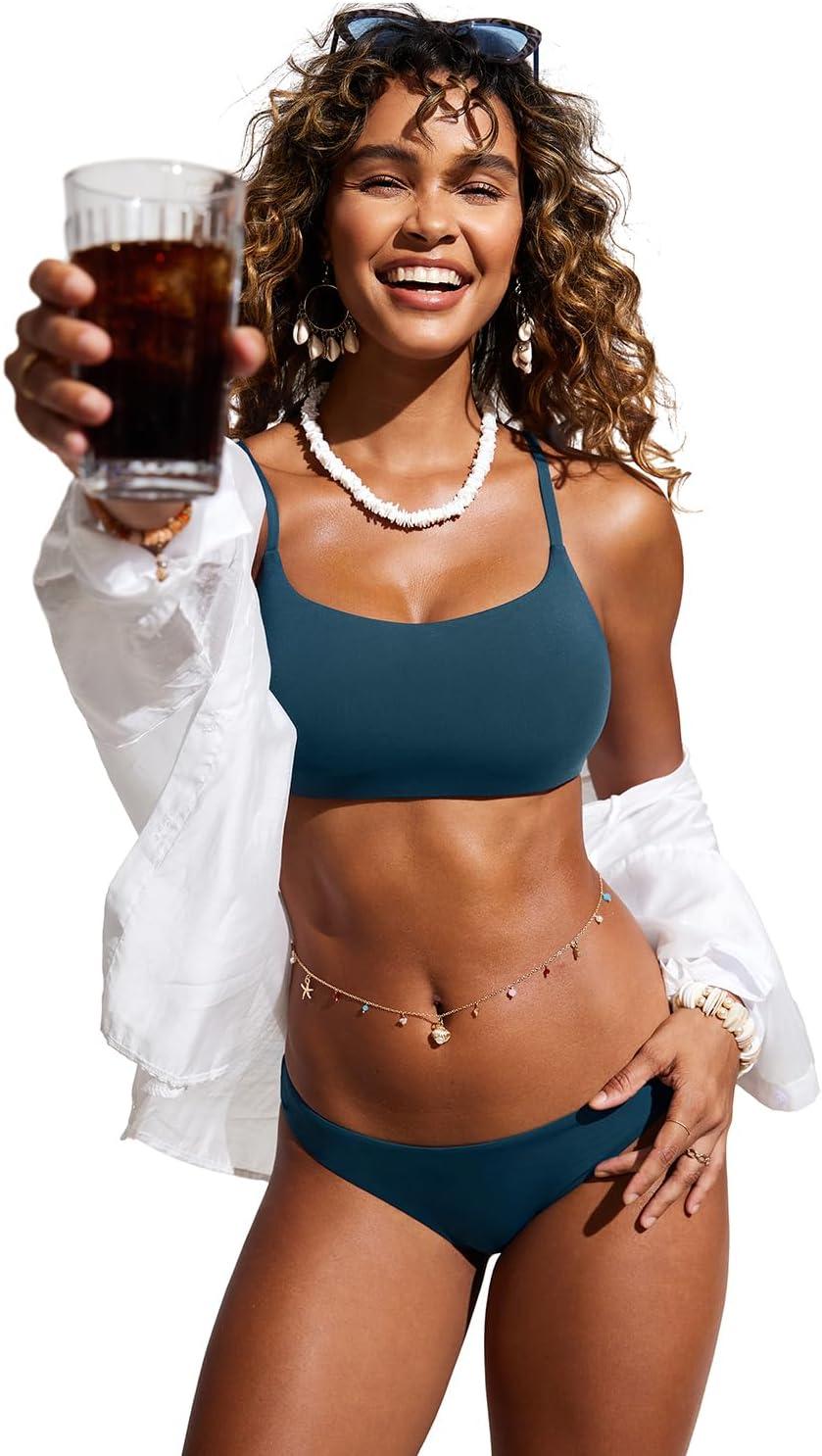 imageCRZ YOGA DDD Scoop Neck Bikini Tops for Women Padded Adjustable Spaghetti Straps Bathing Swimsuit Sports BraInsignia Blue