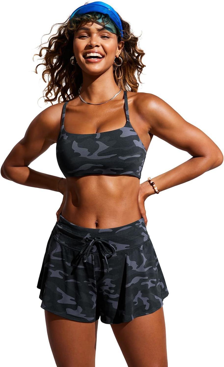 imageCRZ YOGA DDD Scoop Neck Bikini Tops for Women Padded Adjustable Spaghetti Straps Bathing Swimsuit Sports BraJungle Camouflage Gray