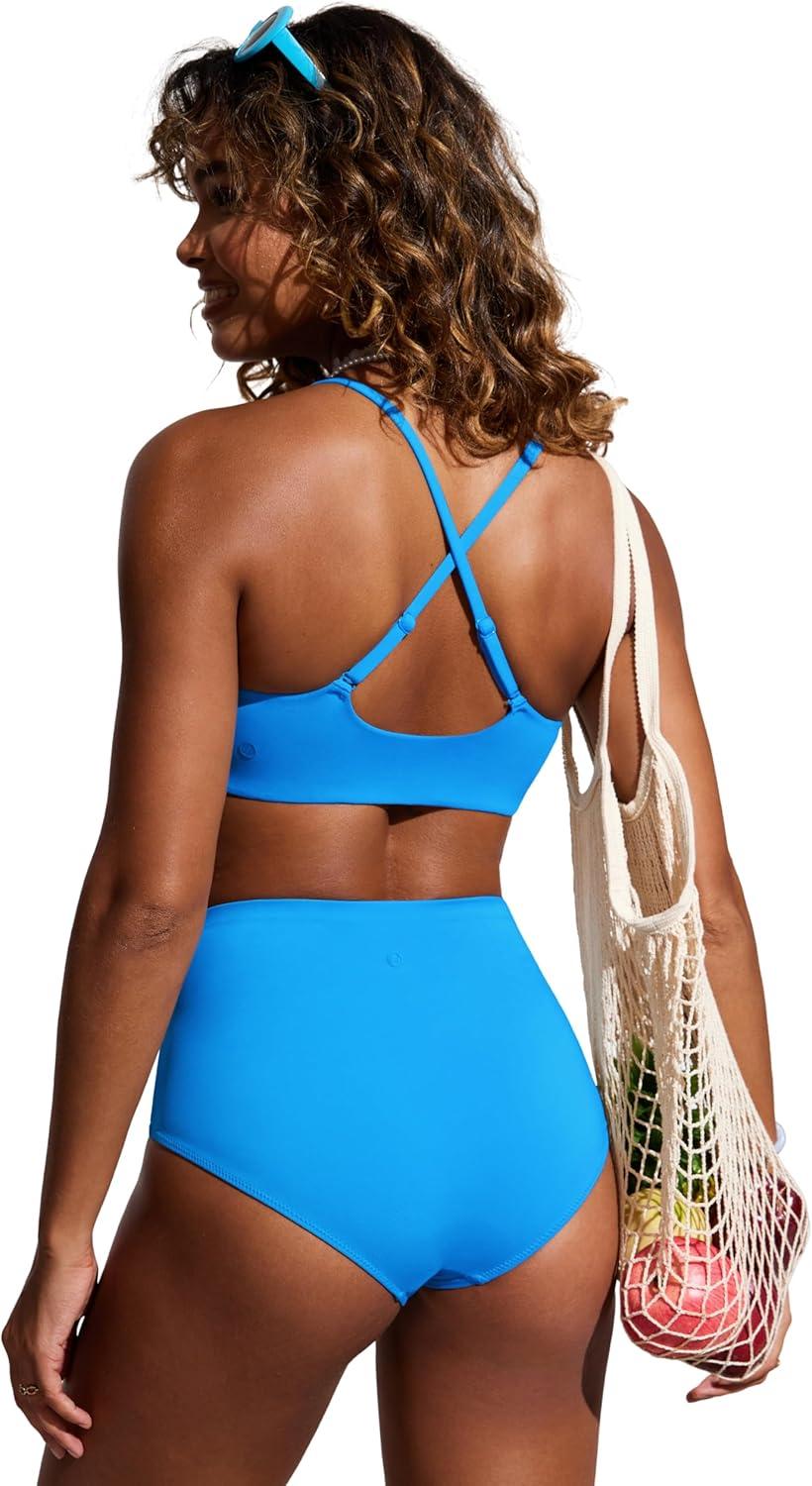 imageCRZ YOGA DDD Scoop Neck Bikini Tops for Women Padded Adjustable Spaghetti Straps Bathing Swimsuit Sports BraMadagascar Blue