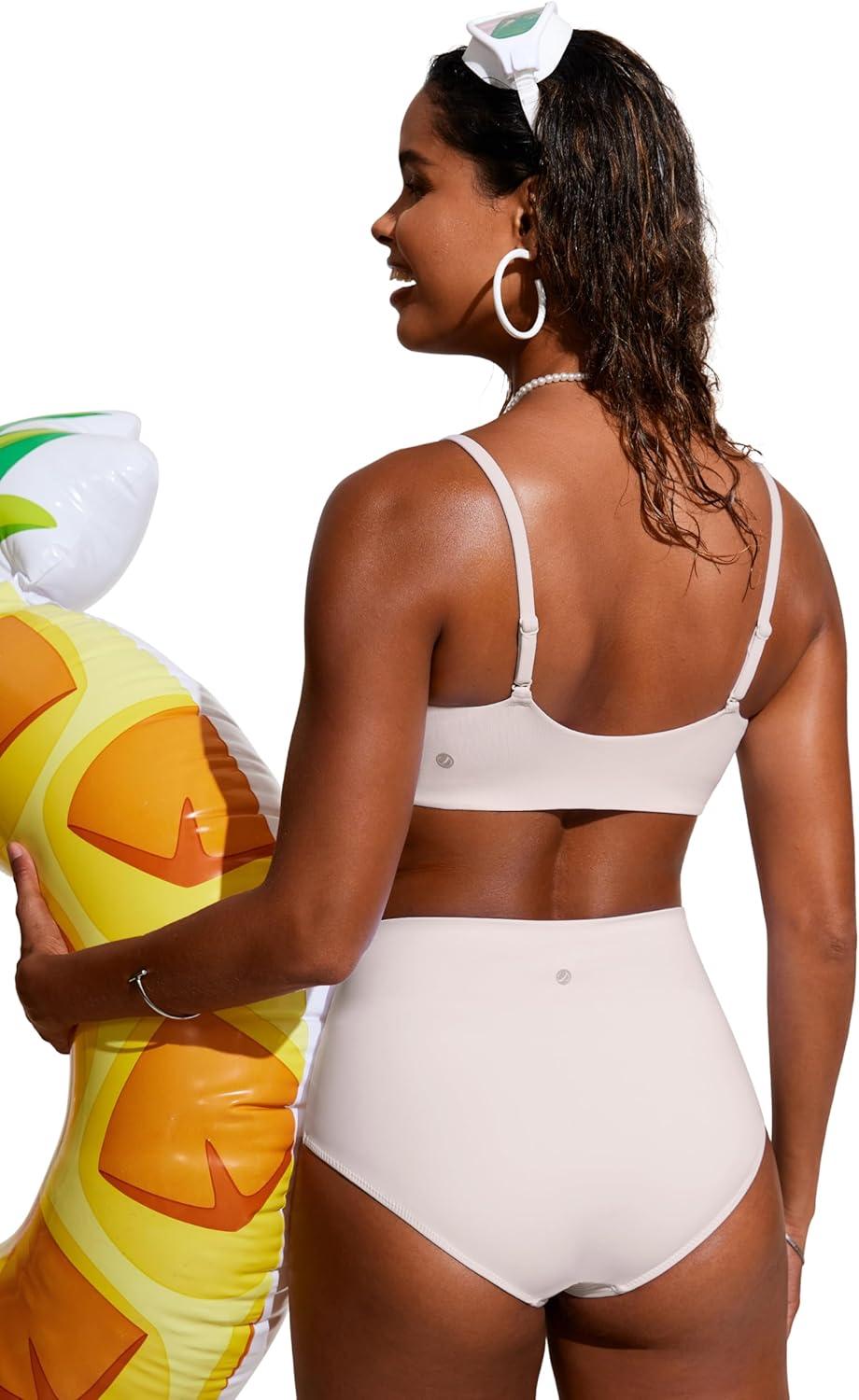 imageCRZ YOGA DDD Scoop Neck Bikini Tops for Women Padded Adjustable Spaghetti Straps Bathing Swimsuit Sports BraMilky White Bone