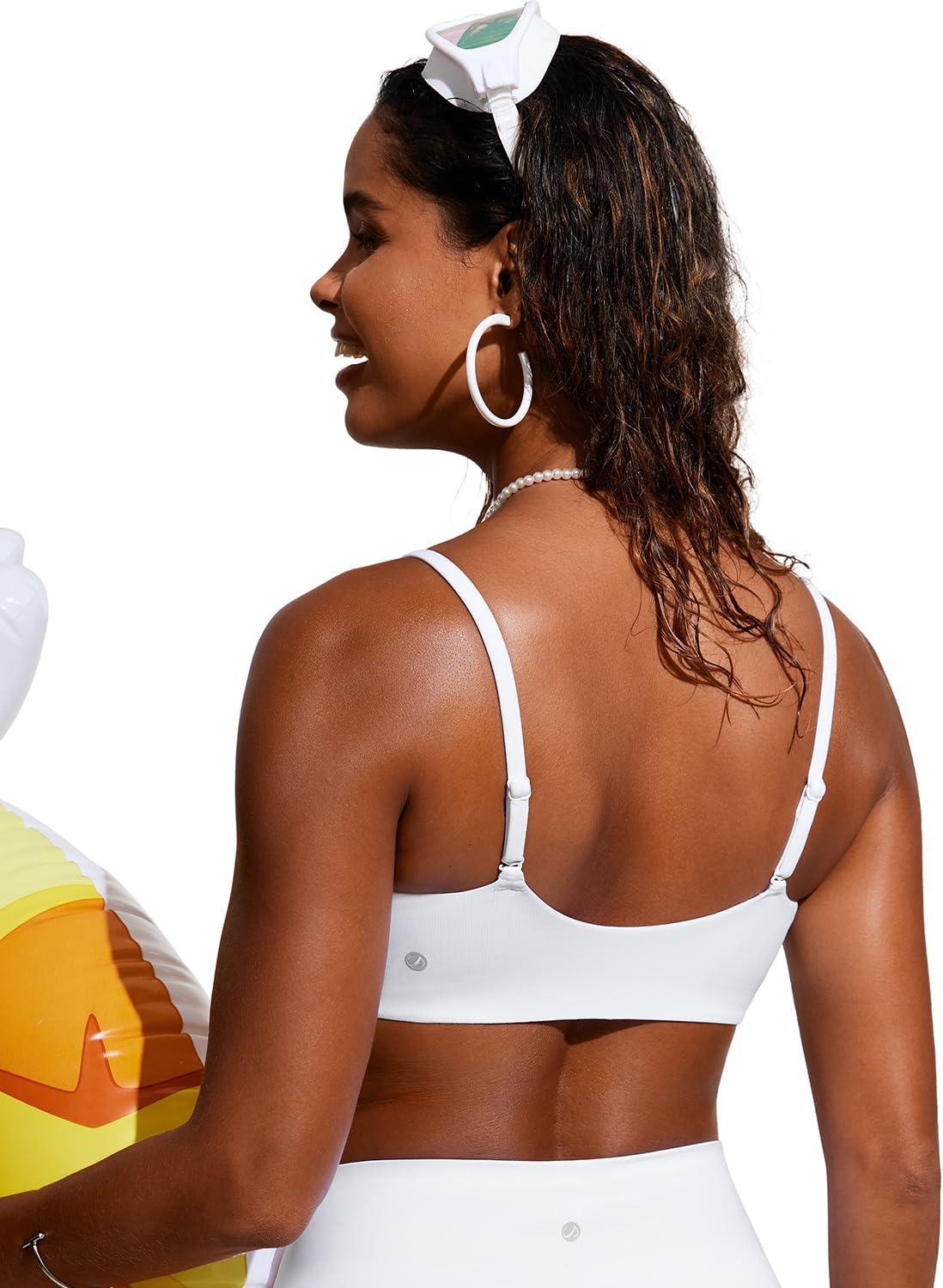 imageCRZ YOGA DDD Scoop Neck Bikini Tops for Women Padded Adjustable Spaghetti Straps Bathing Swimsuit Sports BraWhite