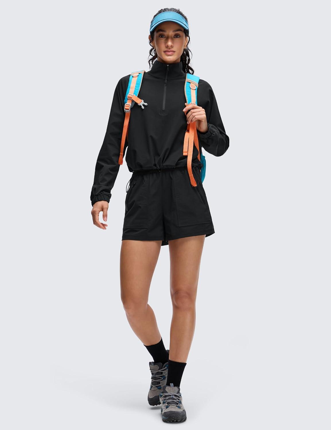 imageCRZ YOGA Drawstring Bottom Workout Jackets for Women Half Zip Pullover Cropped Workout Outdoor Tops with PocketsBlack