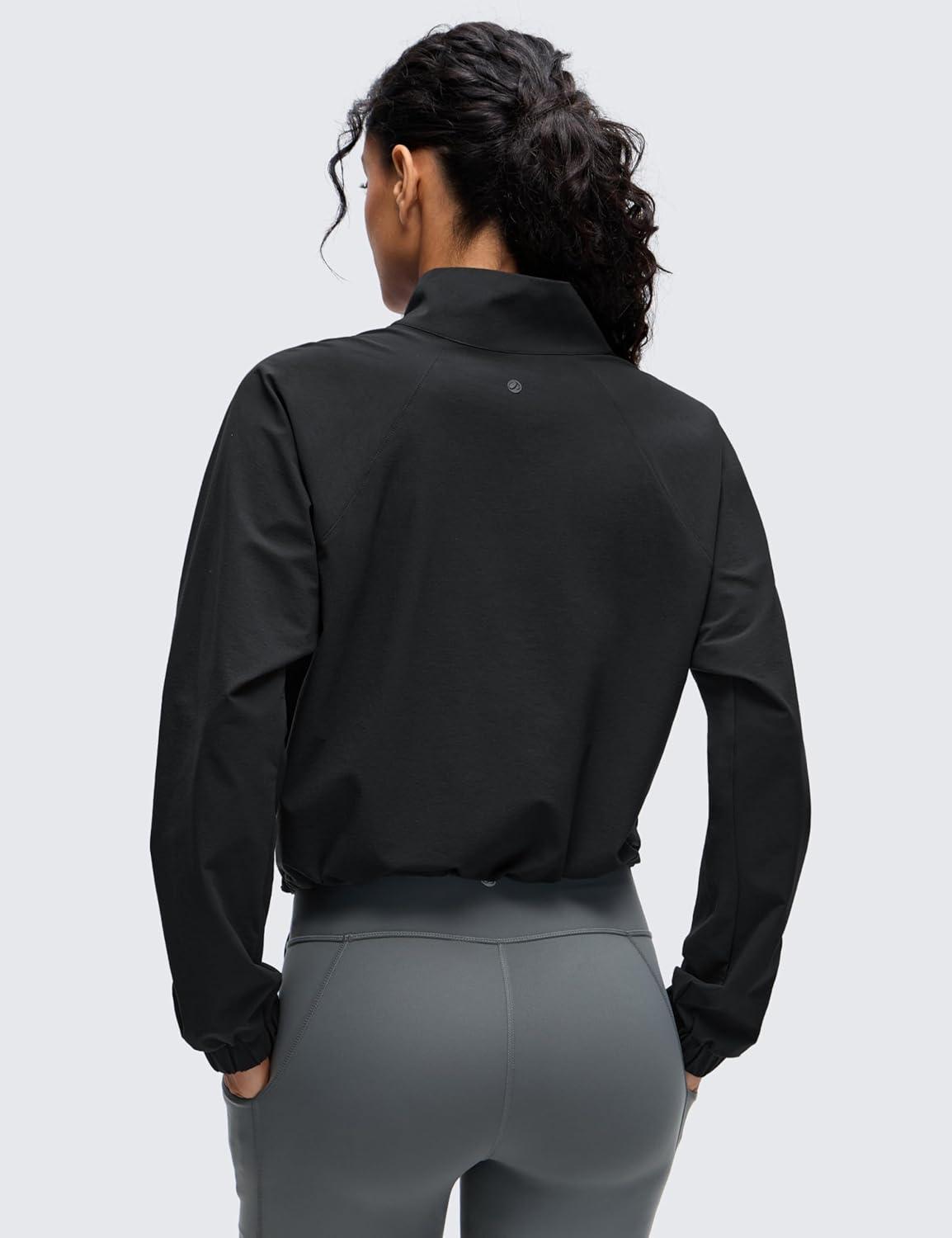 imageCRZ YOGA Drawstring Bottom Workout Jackets for Women Half Zip Pullover Cropped Workout Outdoor Tops with PocketsBlack
