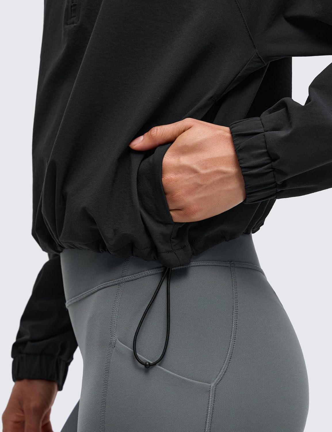imageCRZ YOGA Drawstring Bottom Workout Jackets for Women Half Zip Pullover Cropped Workout Outdoor Tops with PocketsBlack