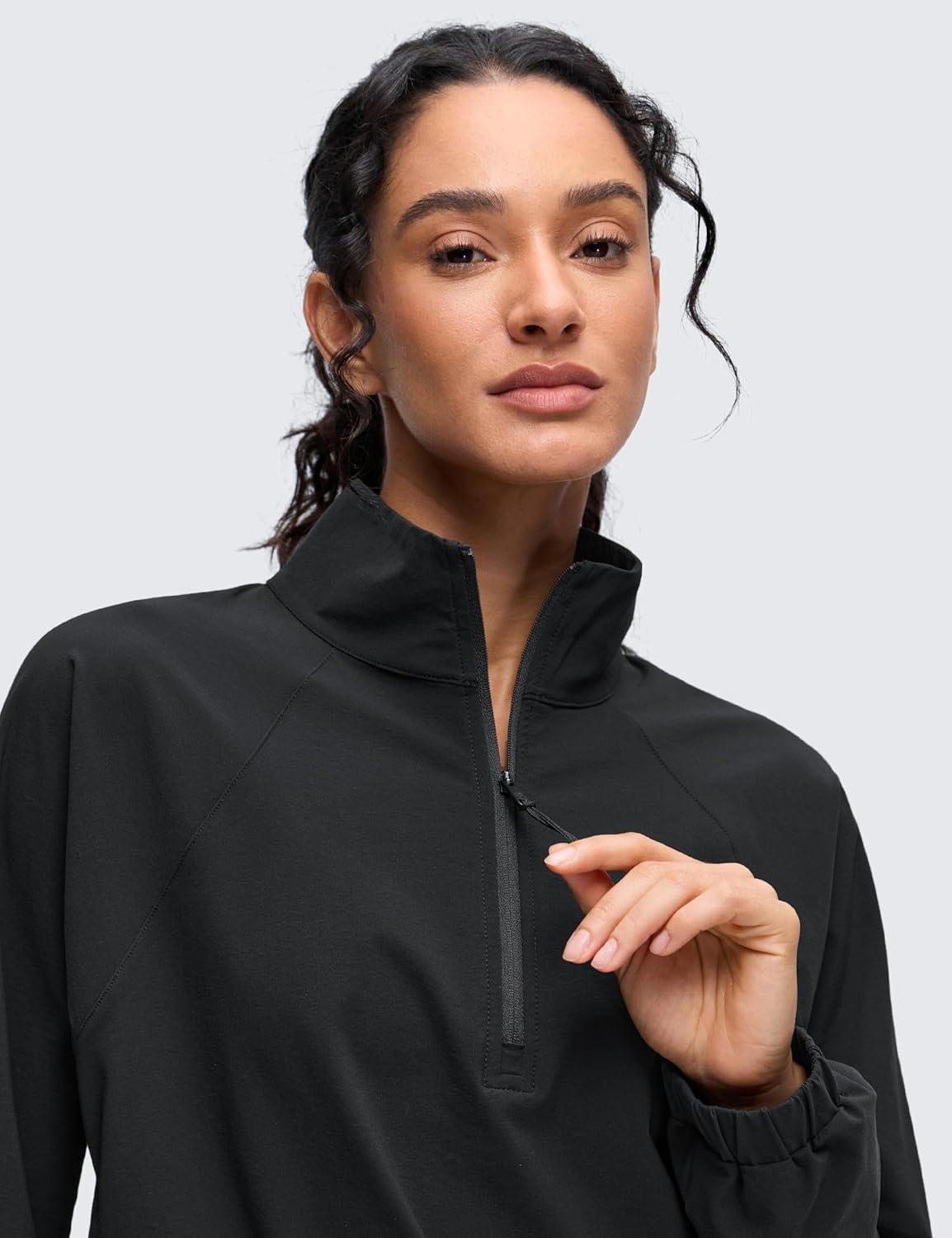 imageCRZ YOGA Drawstring Bottom Workout Jackets for Women Half Zip Pullover Cropped Workout Outdoor Tops with PocketsBlack