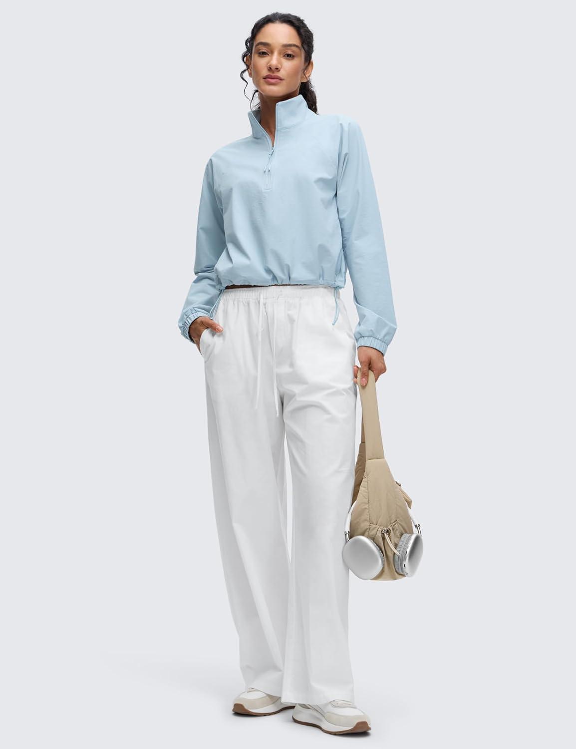 imageCRZ YOGA Drawstring Bottom Workout Jackets for Women Half Zip Pullover Cropped Workout Outdoor Tops with PocketsBlue Linen