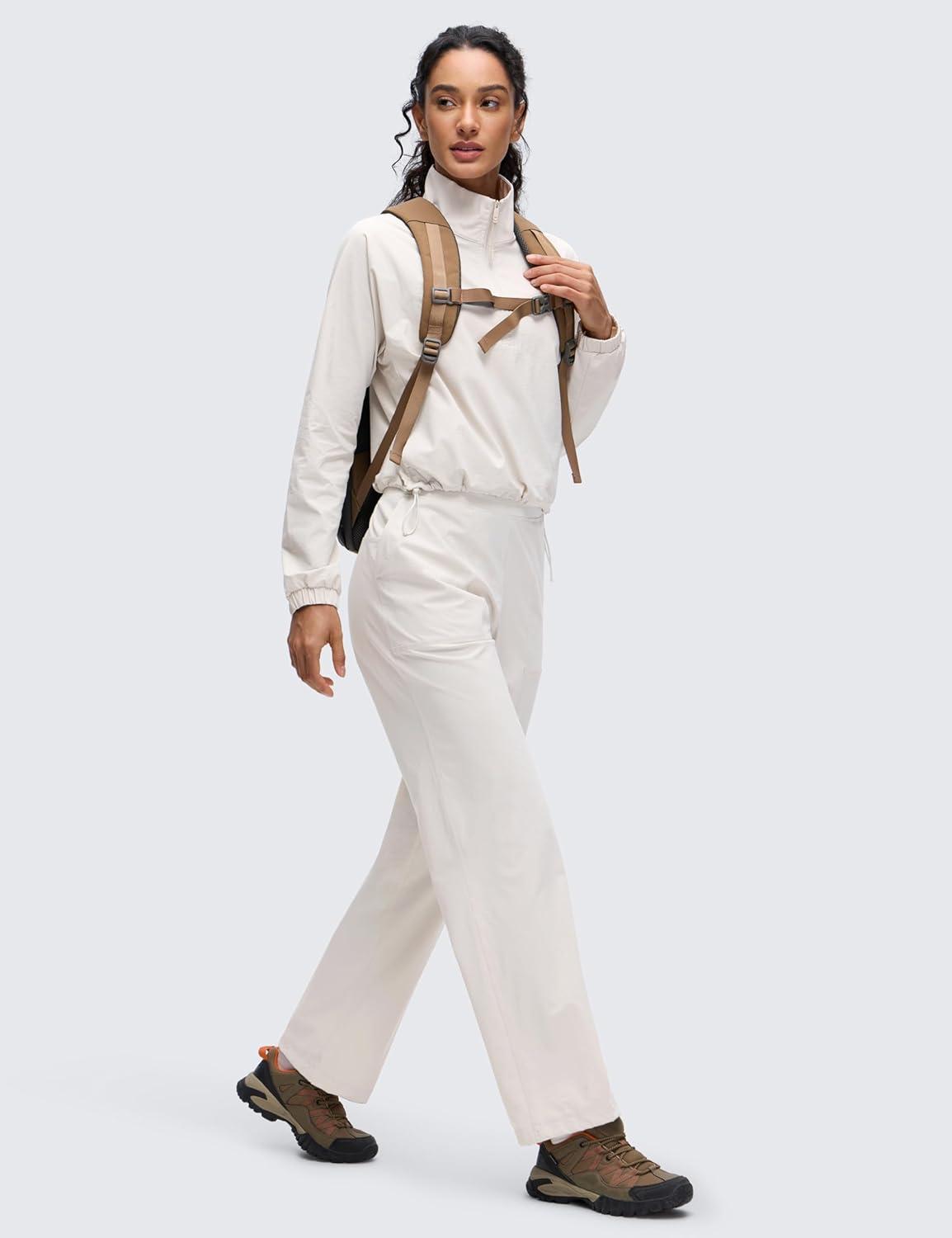 imageCRZ YOGA Drawstring Bottom Workout Jackets for Women Half Zip Pullover Cropped Workout Outdoor Tops with PocketsMilky White