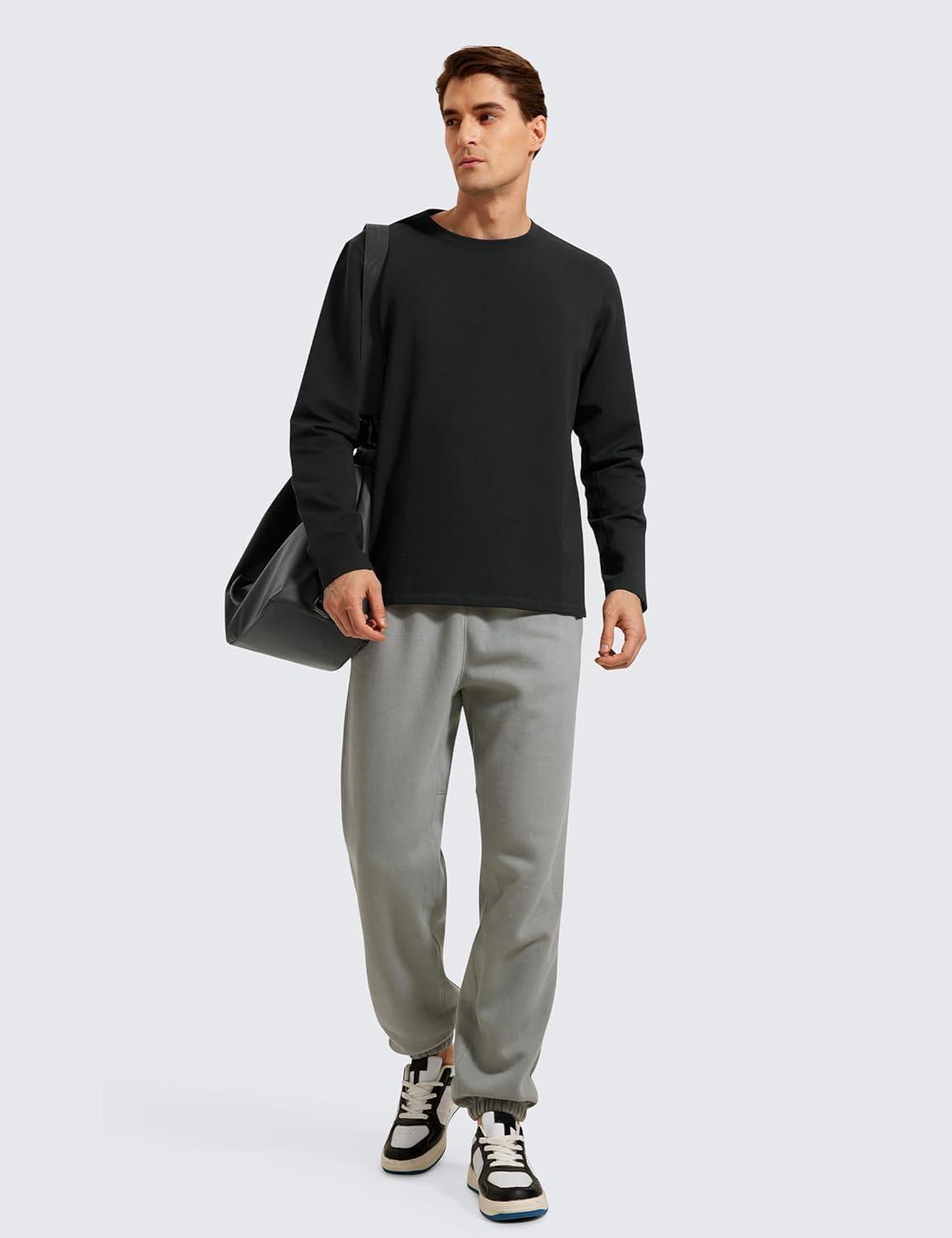 imageCRZ YOGA Fleece Crewneck Sweatshirt for Men Long Sleeve Breathable Workout Casual Pullover Basic Sweat ShirtsBlack