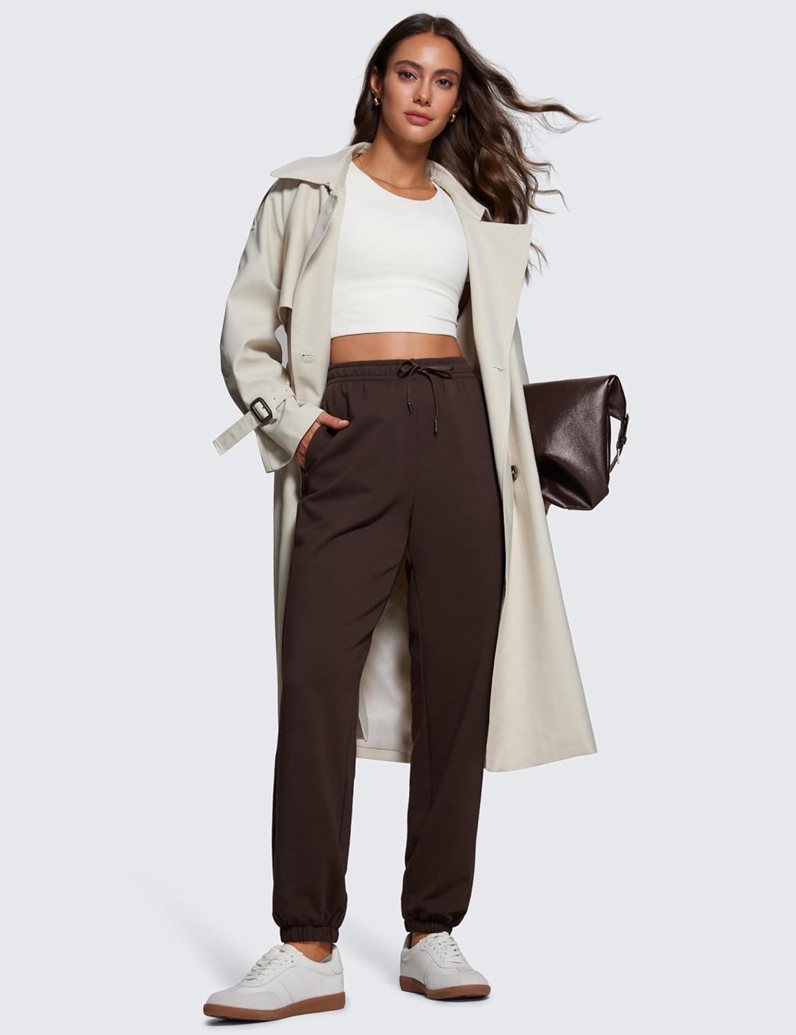 imageCRZ YOGA Fleece Sweatpants Women Cotton Joggers High Waisted Lounge Casual Travel Elastic Bottom Pants with PocketsHot Fudge Brown