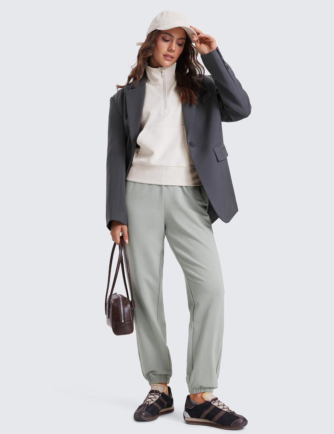 imageCRZ YOGA Fleece Sweatpants Women Cotton Joggers High Waisted Lounge Casual Travel Elastic Bottom Pants with PocketsSterling