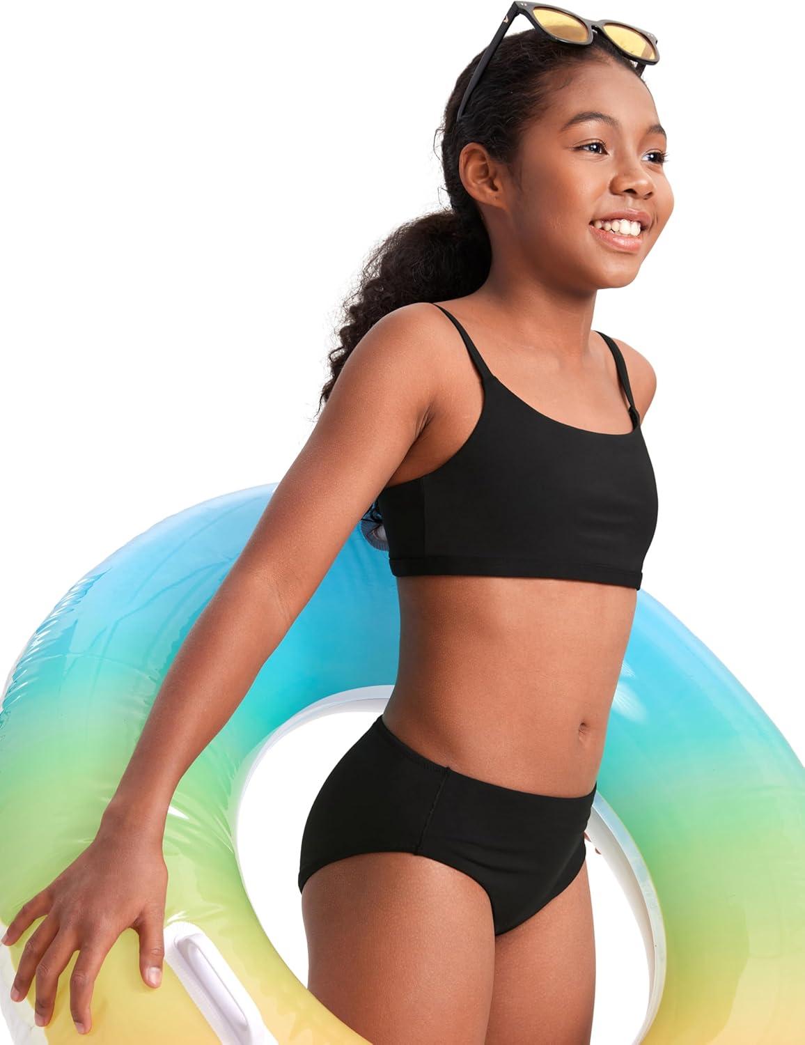 imageCRZ YOGA Girls Bikini Set 2 Piece Swimsuit Beach Sports Bathing Suit Scoop Neck Adjustable Straps Padded Kids TeenBlack