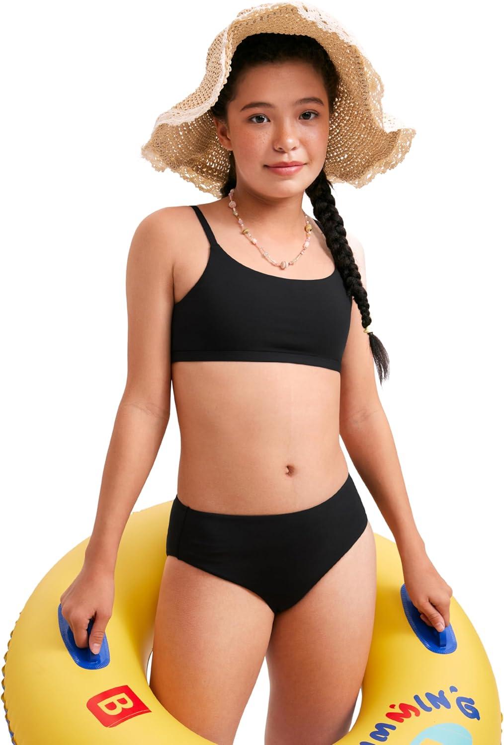 imageCRZ YOGA Girls Bikini Set 2 Piece Swimsuit Beach Sports Bathing Suit Scoop Neck Adjustable Straps Padded Kids TeenBlack