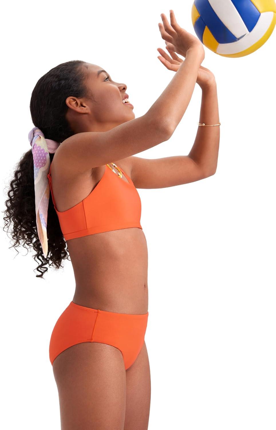 imageCRZ YOGA Girls Bikini Set 2 Piece Swimsuit Beach Sports Bathing Suit Scoop Neck Adjustable Straps Padded Kids TeenCoral