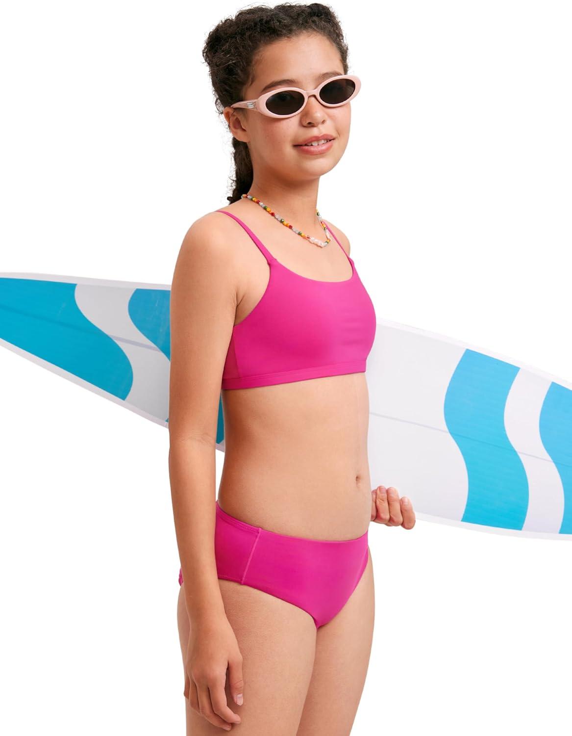 imageCRZ YOGA Girls Bikini Set 2 Piece Swimsuit Beach Sports Bathing Suit Scoop Neck Adjustable Straps Padded Kids TeenHibiscus Purple