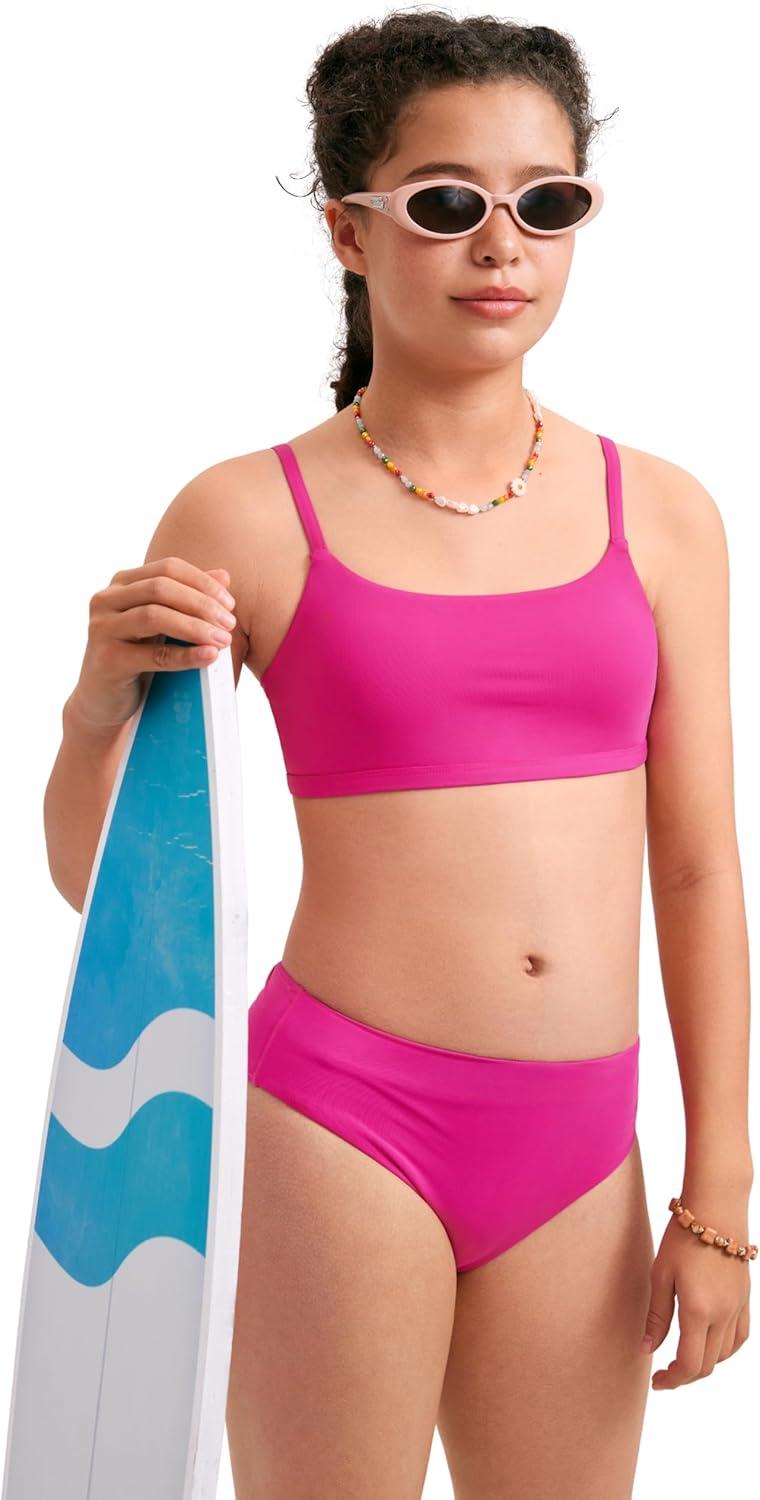 imageCRZ YOGA Girls Bikini Set 2 Piece Swimsuit Beach Sports Bathing Suit Scoop Neck Adjustable Straps Padded Kids TeenHibiscus Purple