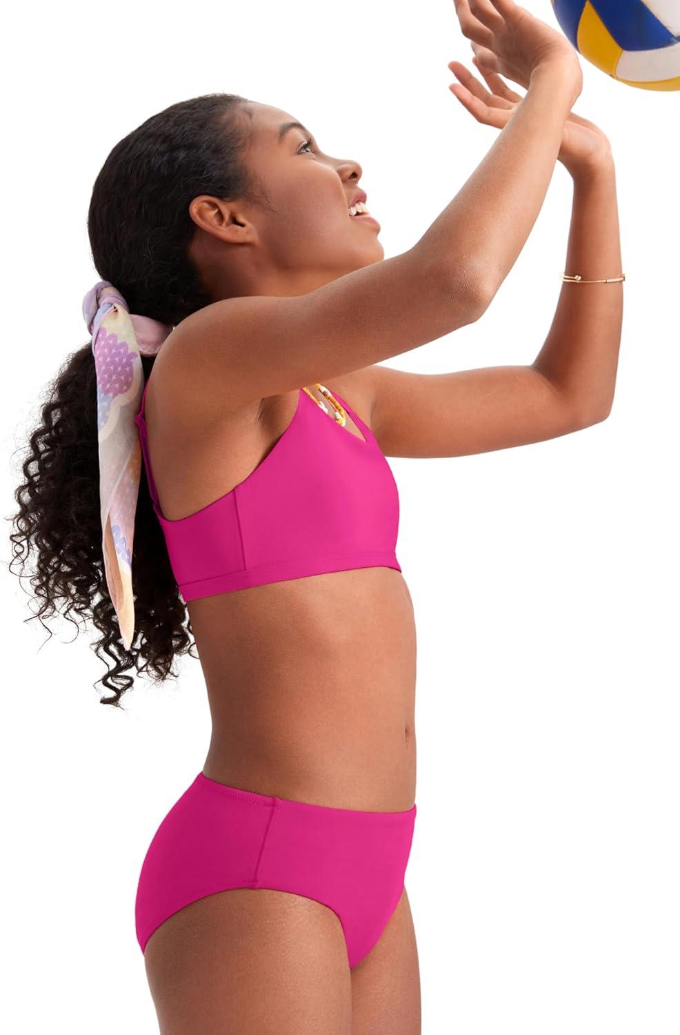 imageCRZ YOGA Girls Bikini Set 2 Piece Swimsuit Beach Sports Bathing Suit Scoop Neck Adjustable Straps Padded Kids TeenHibiscus Purple