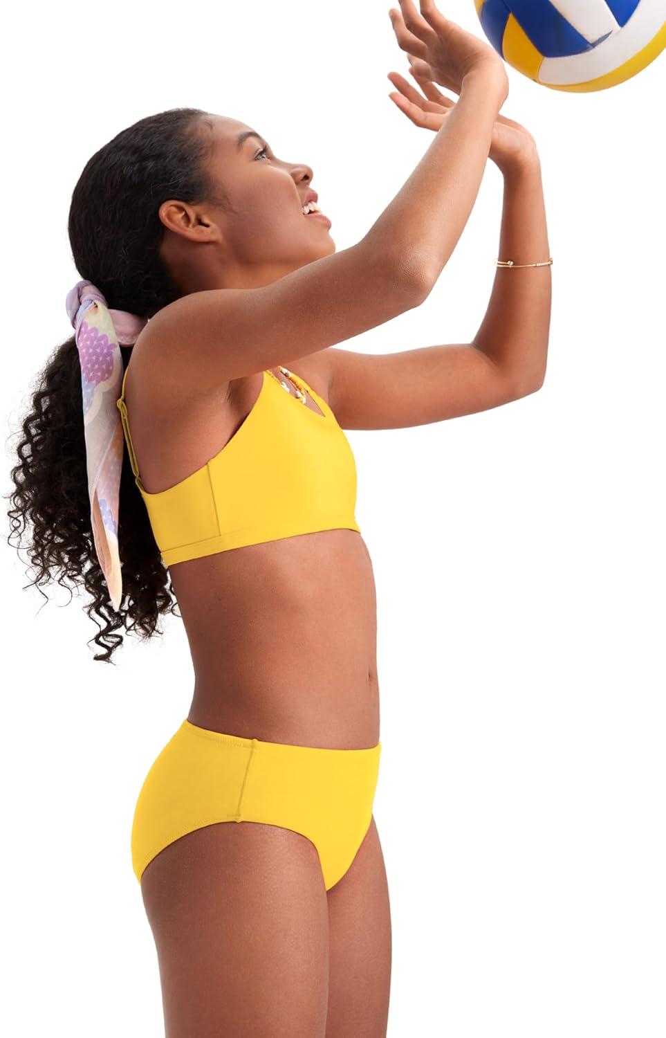 imageCRZ YOGA Girls Bikini Set 2 Piece Swimsuit Beach Sports Bathing Suit Scoop Neck Adjustable Straps Padded Kids TeenHigh Visibility Yellow