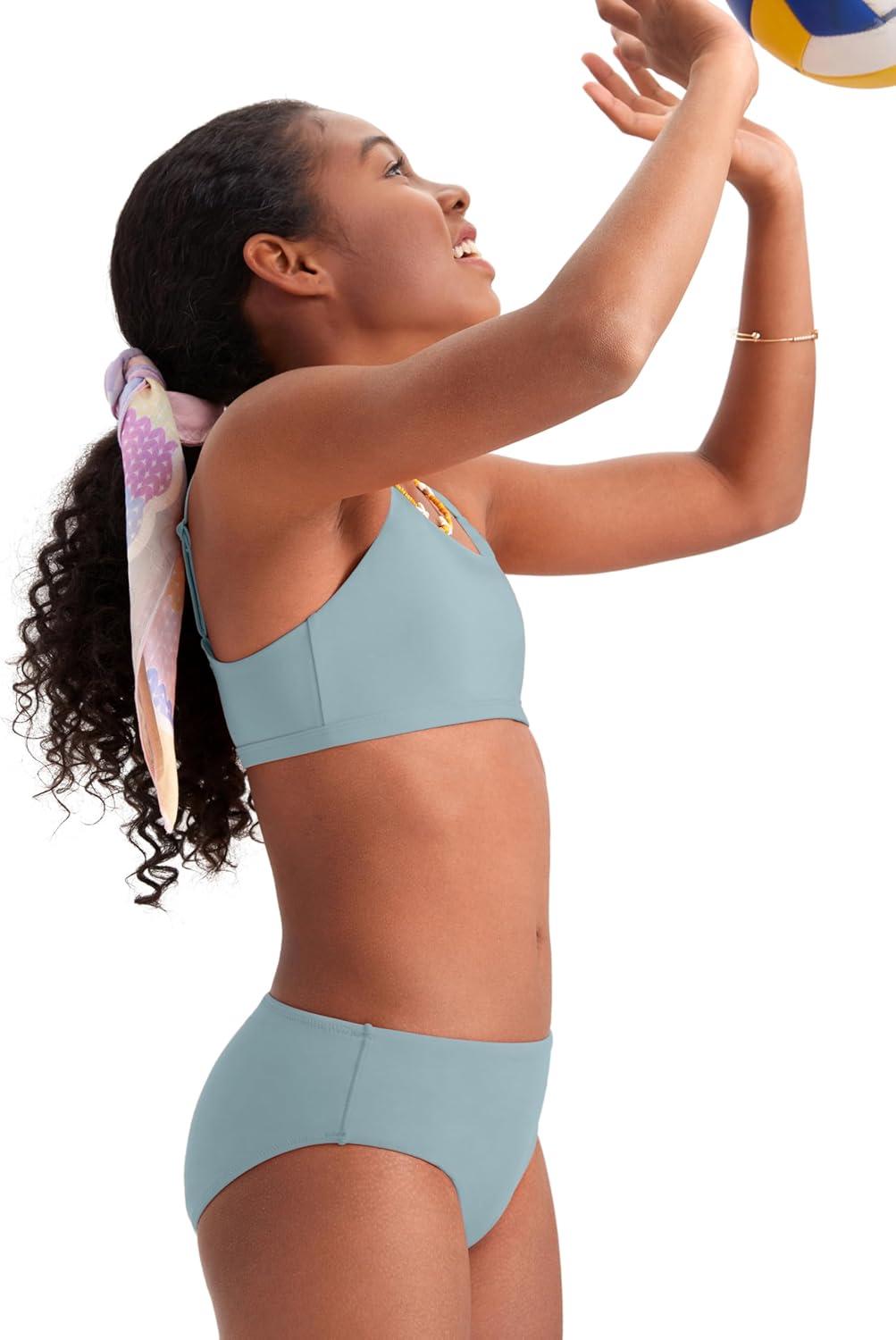 imageCRZ YOGA Girls Bikini Set 2 Piece Swimsuit Beach Sports Bathing Suit Scoop Neck Adjustable Straps Padded Kids TeenLight Grayish Blue