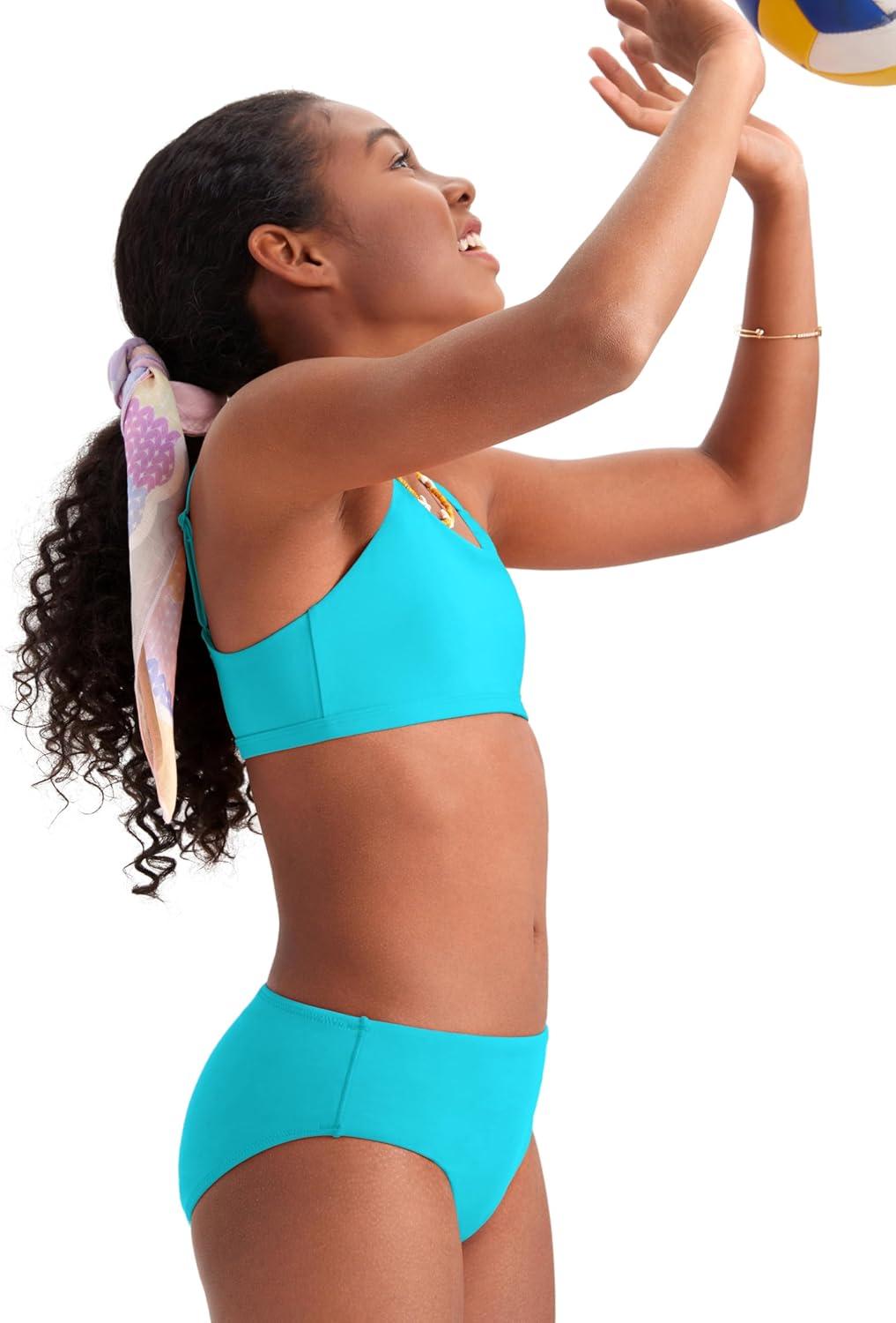 imageCRZ YOGA Girls Bikini Set 2 Piece Swimsuit Beach Sports Bathing Suit Scoop Neck Adjustable Straps Padded Kids TeenTurquoise