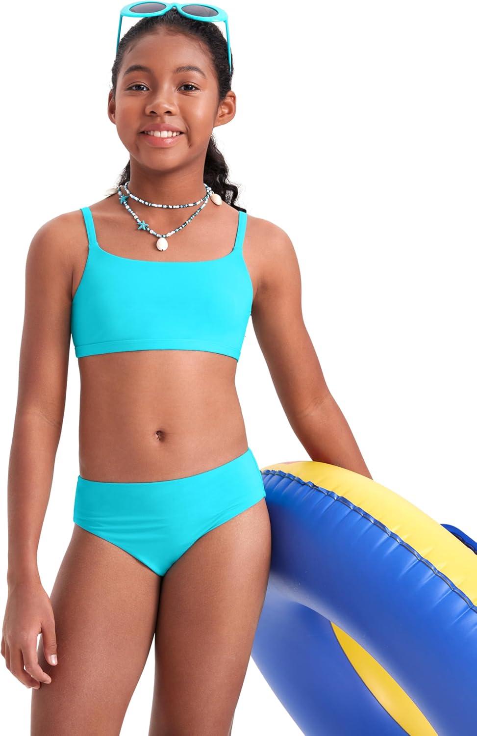 imageCRZ YOGA Girls Bikini Set 2 Piece Swimsuit Beach Sports Bathing Suit Scoop Neck Adjustable Straps Padded Kids TeenTurquoise