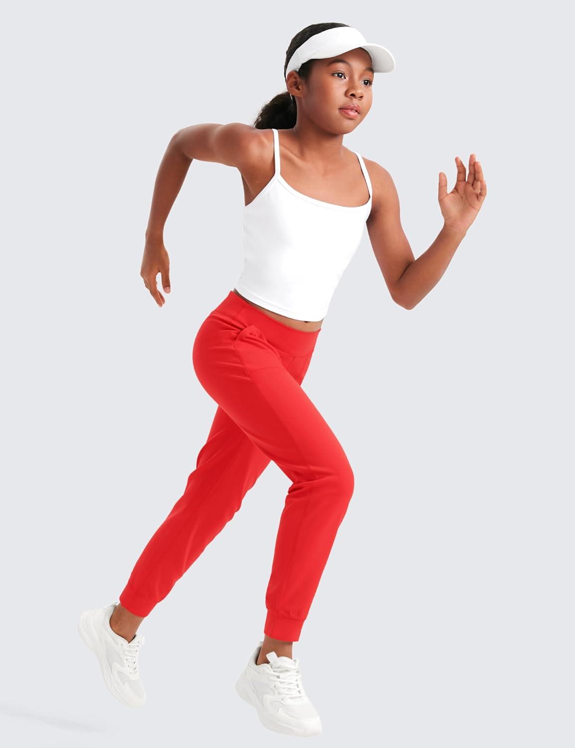 imageCRZ YOGA Girls Butterlift Athletic Joggers Active Running Casual Lounge High Waist Pants with Pockets Kid TeenDeep Red