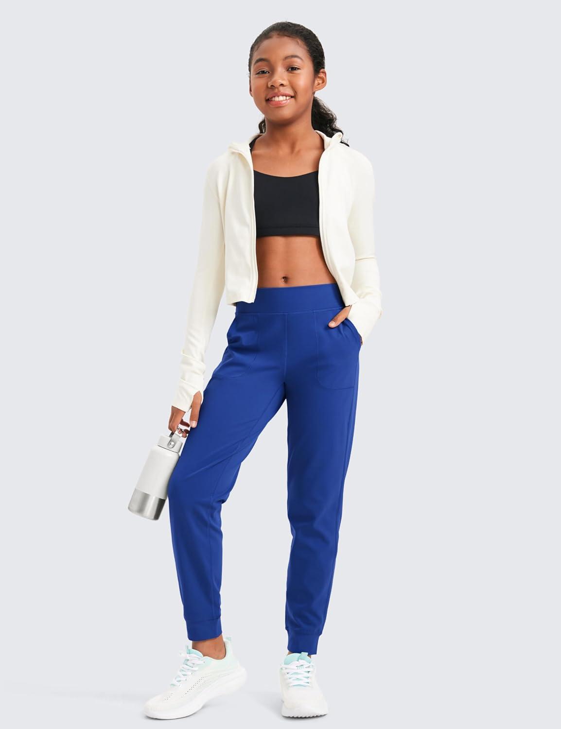 imageCRZ YOGA Girls Butterlift Athletic Joggers Active Running Casual Lounge High Waist Pants with Pockets Kid TeenWaves Blue