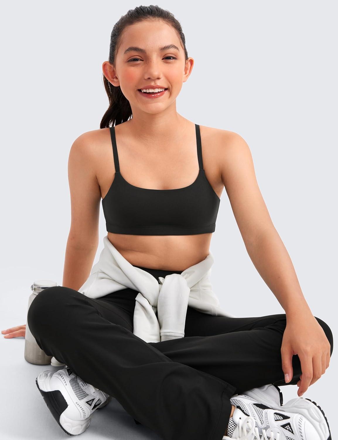imageCRZ YOGA Girls Butterluxe Adjustable Spaghetti Strap Sports Bra Yoga Athletic Casual Scoop Neck Crop Padded Kids TeenBlack