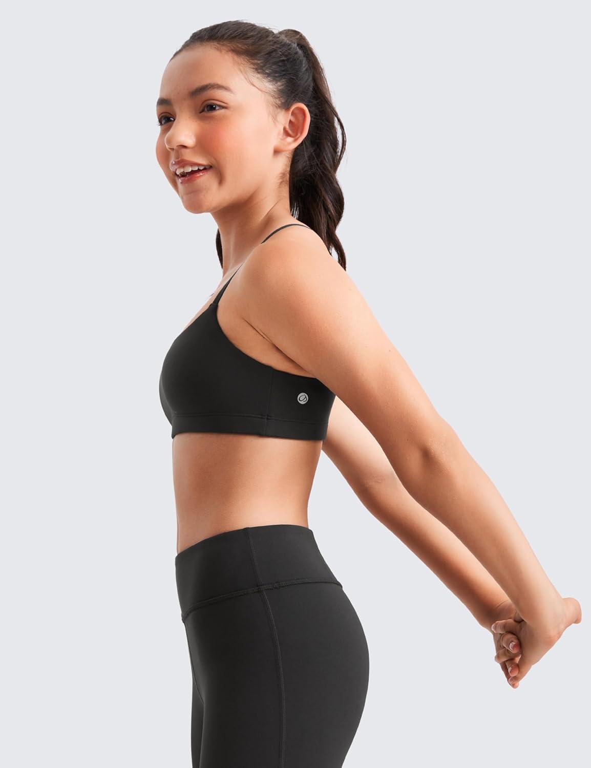 imageCRZ YOGA Girls Butterluxe Adjustable Spaghetti Strap Sports Bra Yoga Athletic Casual Scoop Neck Crop Padded Kids TeenBlack
