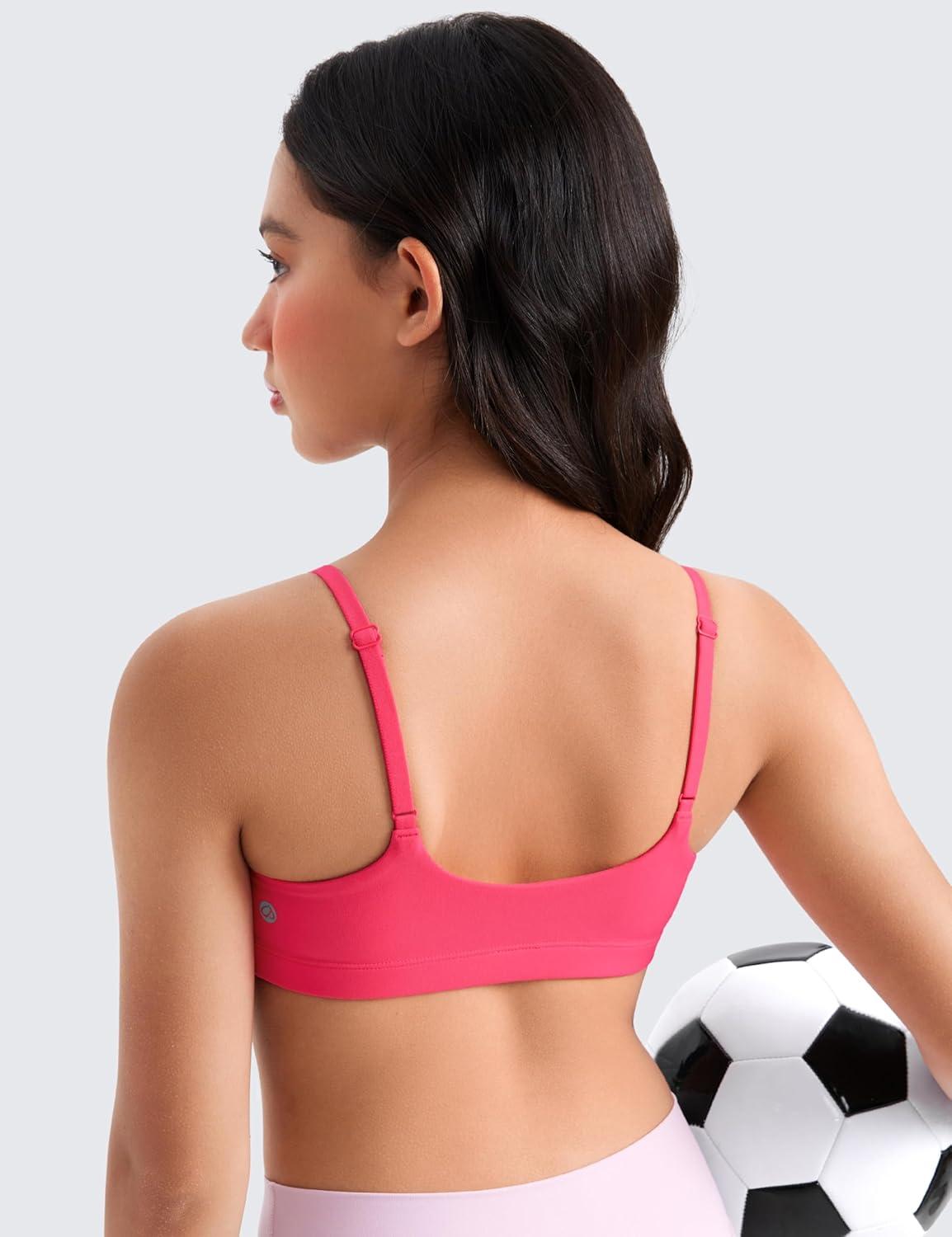 imageCRZ YOGA Girls Butterluxe Adjustable Spaghetti Strap Sports Bra Yoga Athletic Casual Scoop Neck Crop Padded Kids TeenLip Gloss Pink