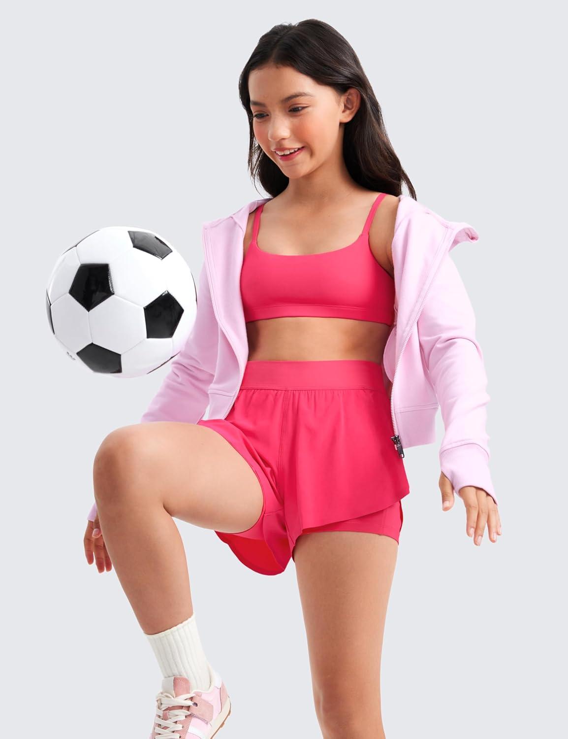 imageCRZ YOGA Girls Butterluxe Adjustable Spaghetti Strap Sports Bra Yoga Athletic Casual Scoop Neck Crop Padded Kids TeenLip Gloss Pink